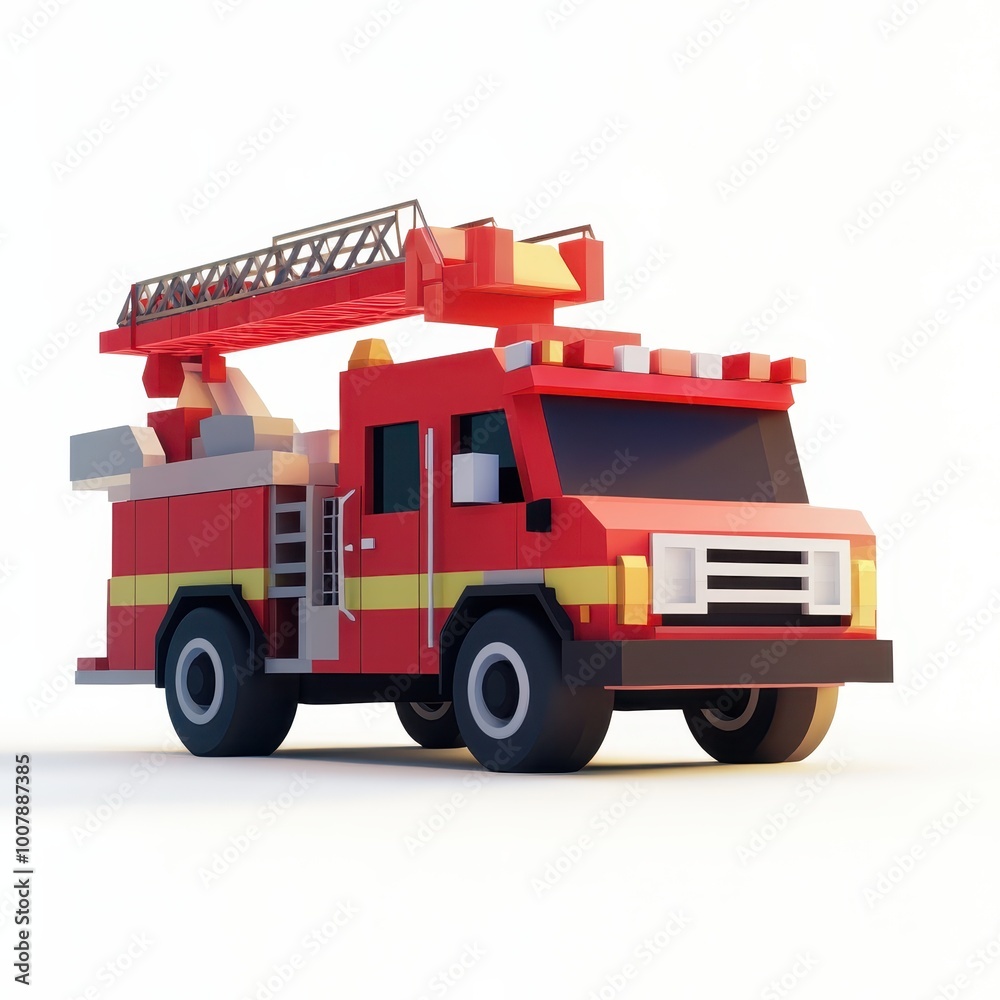 A stylized 3D model of a fire truck with a ladder, designed for emergency response. A stylized 3D model of a fire truck with a ladder, designed for emergency response.