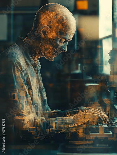 Ethereal digital artwork of a man typing, blending reality and technology. Surreal and futuristic visual concept.