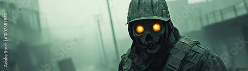 Mysterious figure in tactical gear with glowing eyes amidst a foggy, post-apocalyptic urban setting.