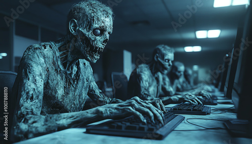 Office zombies working late at computers in a dimly lit room, creating an eerie and horror-themed atmosphere of an undead workforce.
