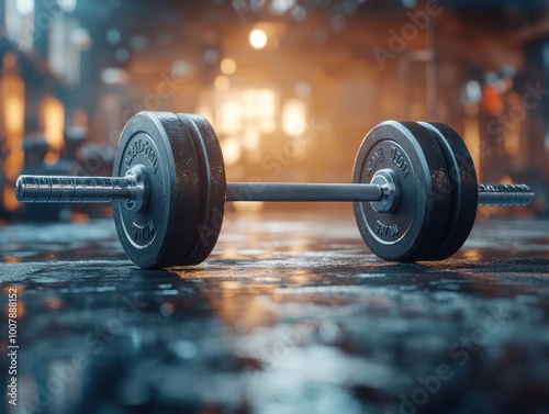 A close-up of a barbell resting on a gym floor, emphasizing fitness and strength training.