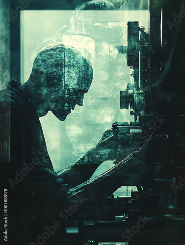 Silhouette of a person working with machinery, layered textures creating a moody industrial atmosphere in teal hues.