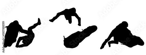 Set of silhouettes of crashing motorbike racers, extreme. Different poses, gestures. Vector illustration.