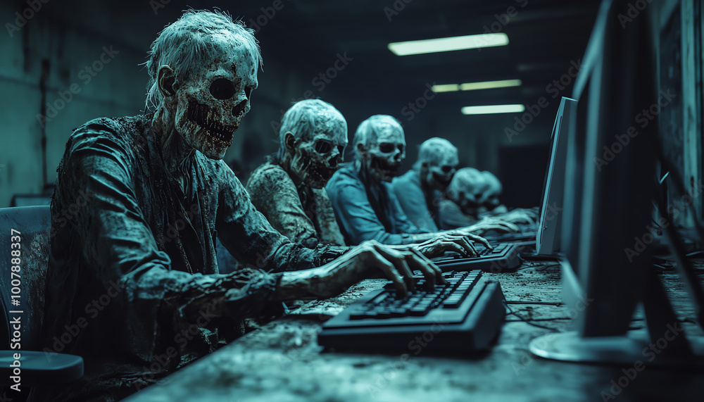 Zombies working at computers in a dimly lit office, combining horror and tech themes for a unique visual statement. Zombies working at computers in a dimly lit office, combining horror and tech themes for a unique visual statement.