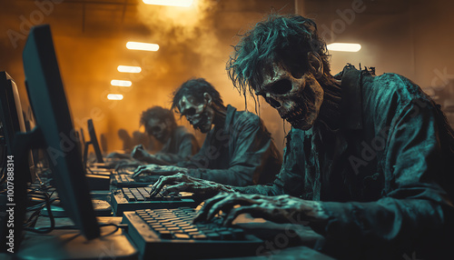 Zombies working on computers in a dimly lit, eerie office setting, symbolizing mindless labor or technology overuse.