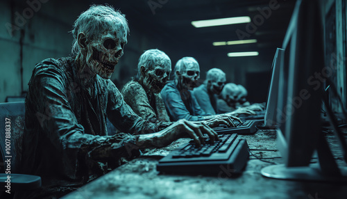 Zombies working at computers in a dimly lit office, combining horror and tech themes for a unique visual statement.