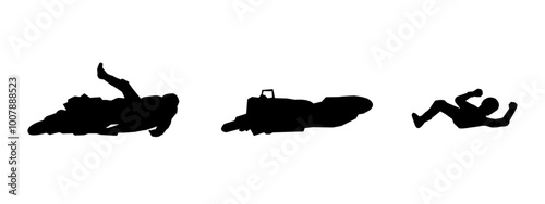 Set of silhouettes of crashing motorbike racers, extreme. Different poses, gestures. Vector illustration.