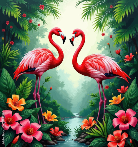 Flamingos in Tropical Paradise 
