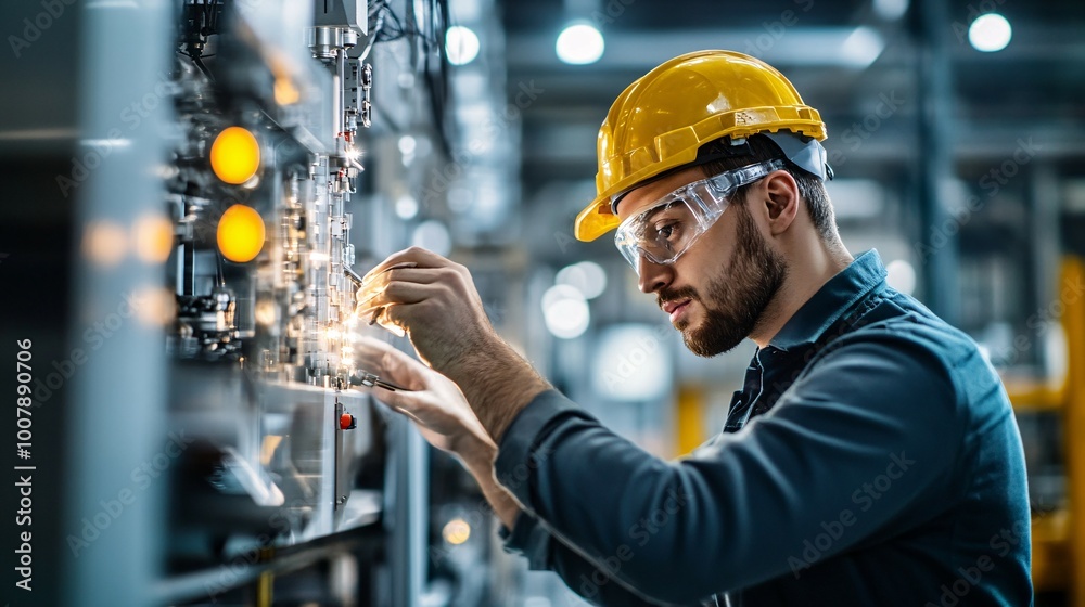 A Man in a Yellow Hard Hat and Safety Glasses Works on a Large Industrial Machine A Man in a Yellow Hard Hat and Safety Glasses Works on a Large Industrial Machine