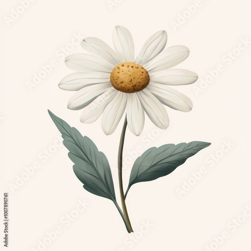 A stylized illustration of a daisy flower with green leaves on a light background.