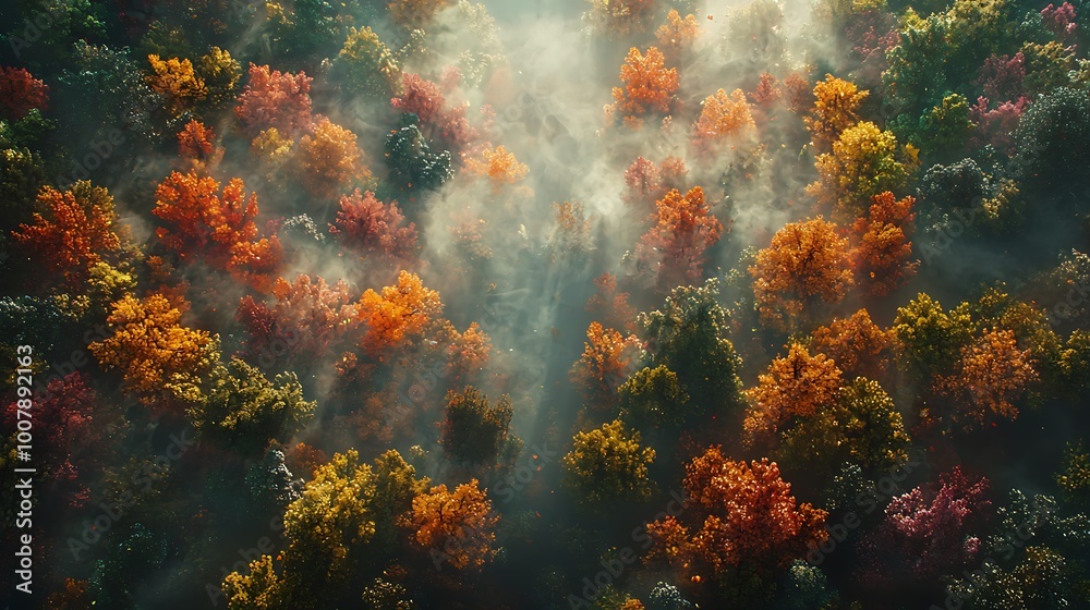 Fototapeta premium Aerial View of Autumn Forest with Fog and Sunlight