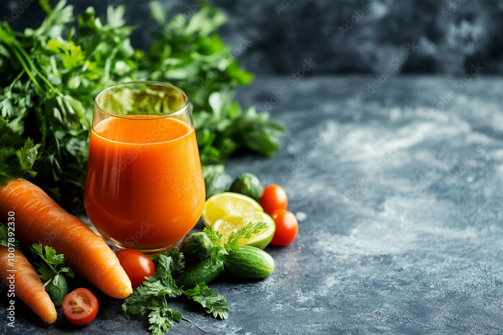 Fresh carrot juice in glass and vegetables on table Fresh carrot juice in glass and vegetables on table