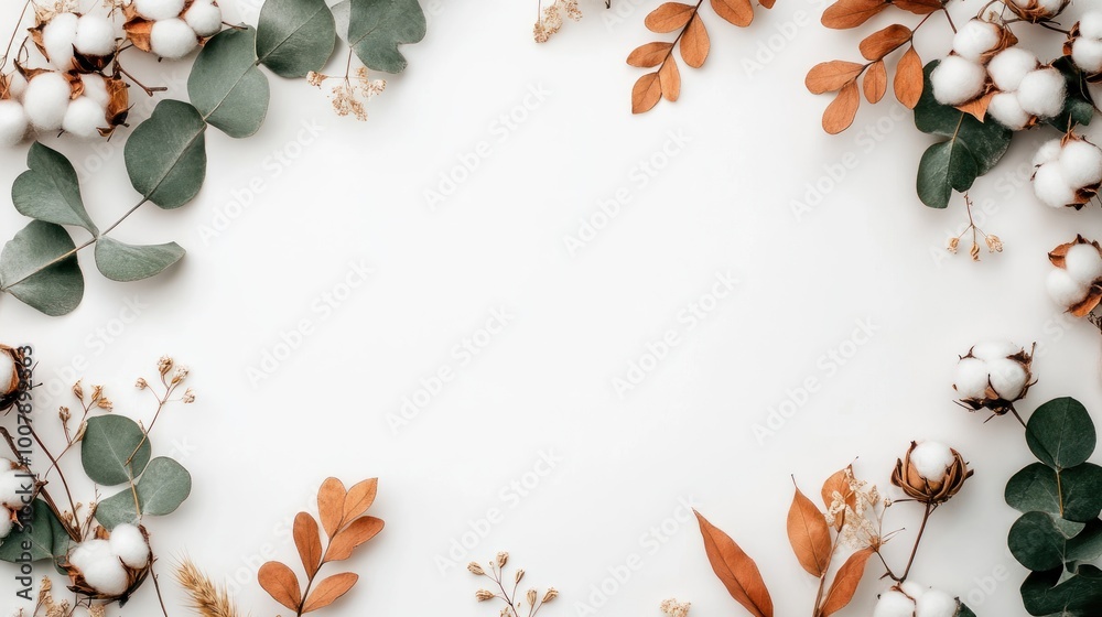 A decorative arrangement of cotton and foliage on a light background. A decorative arrangement of cotton and foliage on a light background.