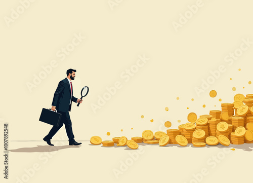 Businessman Examining Gold Coins with Magnifying Glass 
