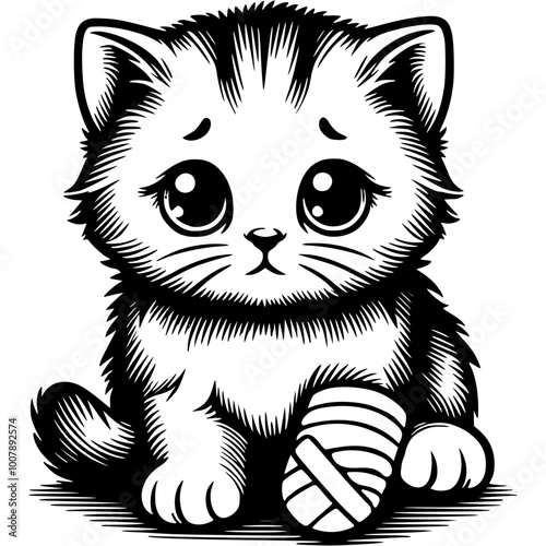 Homeless lost kitten with bandaged injured paw after vet visit in monochrome. Simple minimalistic vector in black ink drawing on transparent background