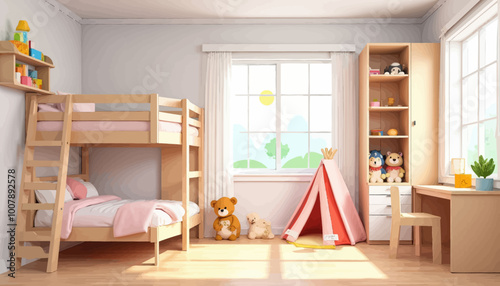 Bright Kids' Room with Bunk Bed and Play Area