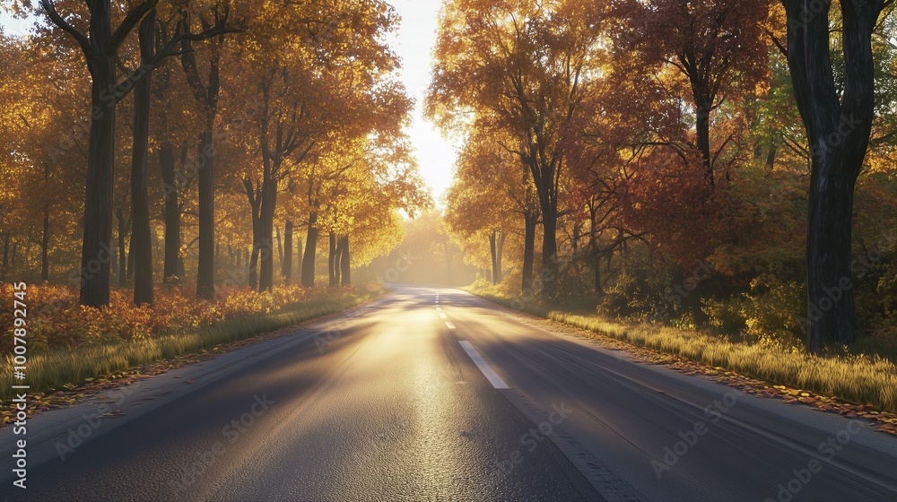 Naklejka premium Morning road perspective trip travel destination in fall forest