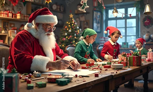 Father Christmas and the elves are hard at work at the table preparing presents against the backdrop of the Christmas tree. The workshop has a festive atmosphere and Christmas spirit. Generated with  photo