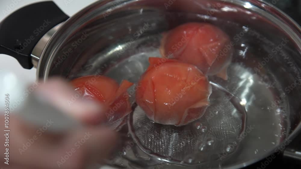 トマトを茹でる様子 トマトを茹でる様子