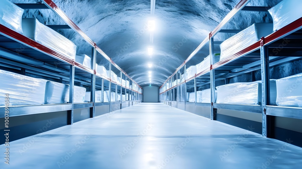 Fototapeta premium Secure Food Storage: Subterranean Pantry with Metal Shelves and White Bags