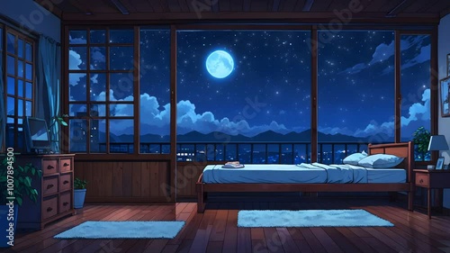 cozy lofi night room with bed and open window glowing particle falling seamless loop