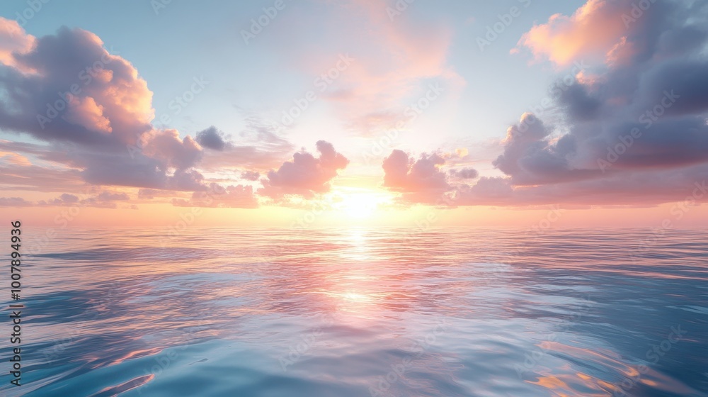 Obraz premium Stunning Ocean Sunset with Vibrant Clouds and Reflective Water Creating a Serene and Tranquil Atmosphere in a Beautiful Natural Landscape