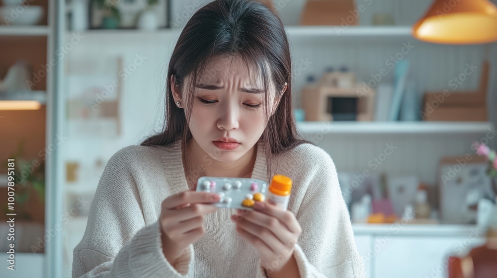 A woman with a concerned expression looks at a blister pack of pills and a bottle of medicine.
