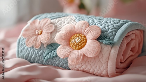 Personalized baby blanket with name embroidery, pastel vibrant colors, 3D illustration. 3D render, hyper realistic photo for magazine photo