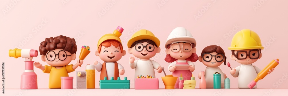 Fototapeta premium A cheerful group of children engaging in creative play with colorful toys and tools against a soft pink background.