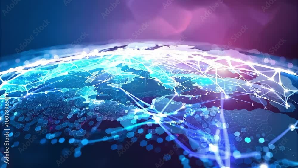 A digital representation of Earth with network connections, highlighting Europe and showcasing technological interconnectivity.