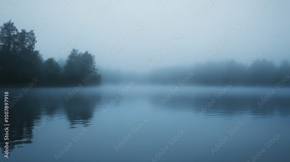 Foggy morning on the lake. Landscape of foggy lake Foggy morning on the lake. Landscape of foggy lake