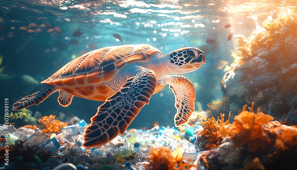 Obraz premium Sea turtle swimming through plastic waste in the ocean, symbolizing the threat of pollution to marine life