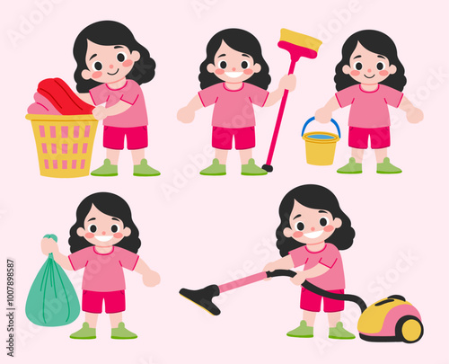 Happy Girl Cleaning Illustration   Household Chores  Kids  Cartoon   Set