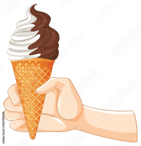 Hand Holding Chocolate Vanilla Ice Cream Cone