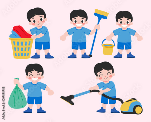 Happy Boy Cleaning Chores Cartoon Illustration Set