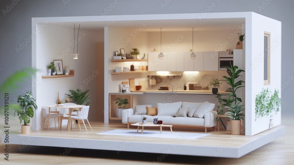 A modern, minimalist interior showcasing a living space and kitchen with plants and furniture.