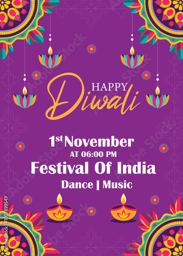 Indian festival Happy Diwali with Diwali props, holiday Background with crackers, Diwali celebration greeting card, vector illustration.