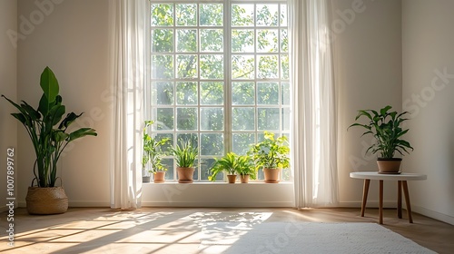 Sunlit Room with Large Window and Indoor Plants