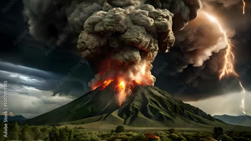 Footage of a volcano erupting in a fiery explosion, with flashes of ...