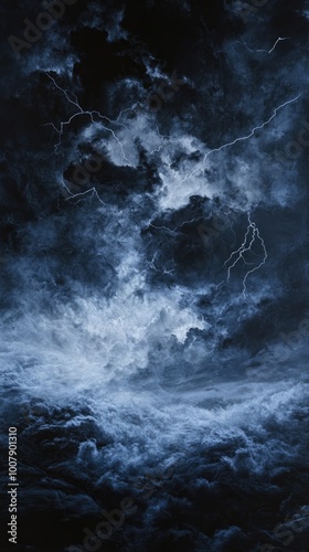 A dramatic night sky filled with dark clouds and lightning illuminating the ominous atmosphere, evoking mystery and intensity.