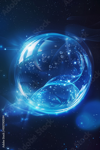 A stunning blue bubble sphere protection shield surrounded by sparkles and light beams