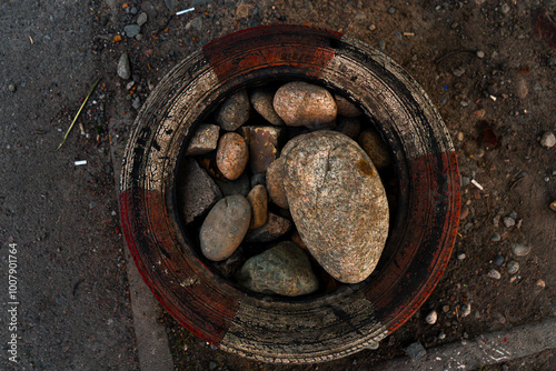 A top-down view of round stones arranged inside an old, weathered tire, blending natural and industrial elements. The contrast of the worn tire and the smooth stones creates an intriguing texture