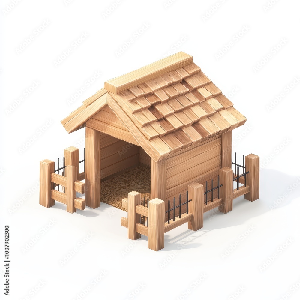 A wooden dog house with a fenced area, designed for pet shelter and comfort. A wooden dog house with a fenced area, designed for pet shelter and comfort.