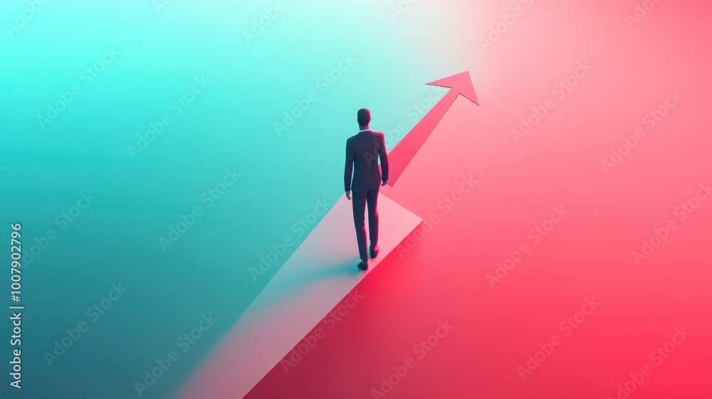 Obraz premium Person walking towards an upward arrow, symbolizing growth and progress