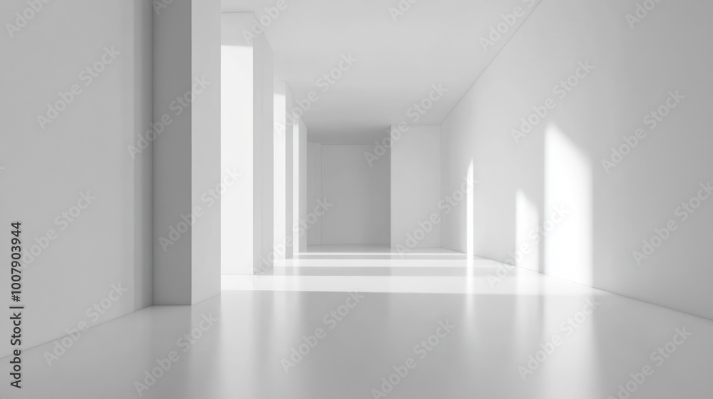 Fototapeta premium A minimalist interior space with white walls and soft light creating a serene atmosphere.