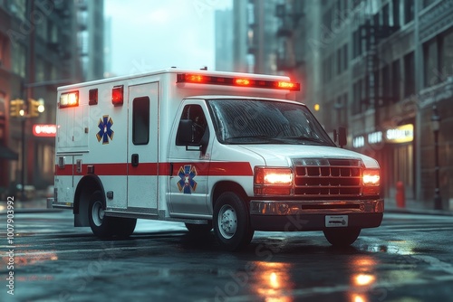 An emergency ambulance parked in a city street during rain, with lights flashing.