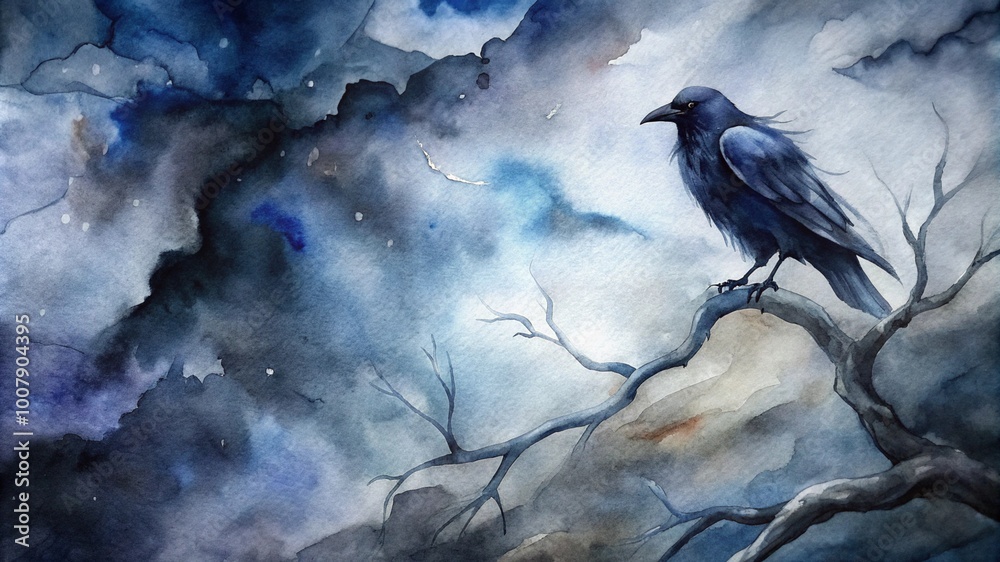 Fototapeta premium Ominous raven perched solemnly against turbulent watercolor sky