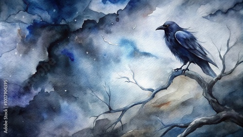 Ominous raven perched solemnly against turbulent watercolor sky photo