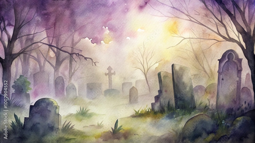 Atmospheric misty cemetery watercolor painting with gravestones against ethereal sky Atmospheric misty cemetery watercolor painting with gravestones against ethereal sky