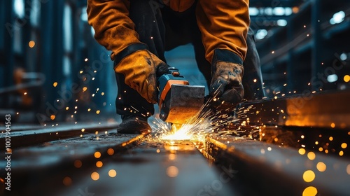 A worker in yellow gloves uses an angle grinder to cut metal, creating a shower of sparks.